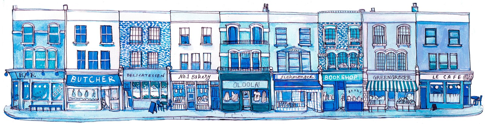 Hand-drawn blue ink illustration of a row of local shopfronts: a bar, butcher, delicatessen, bakery, fishmonger, bookshop, greengrocer and café